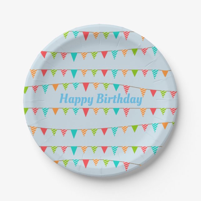 Prato De Papel Happy Birthday Colorful Bunting Flags (Frente)