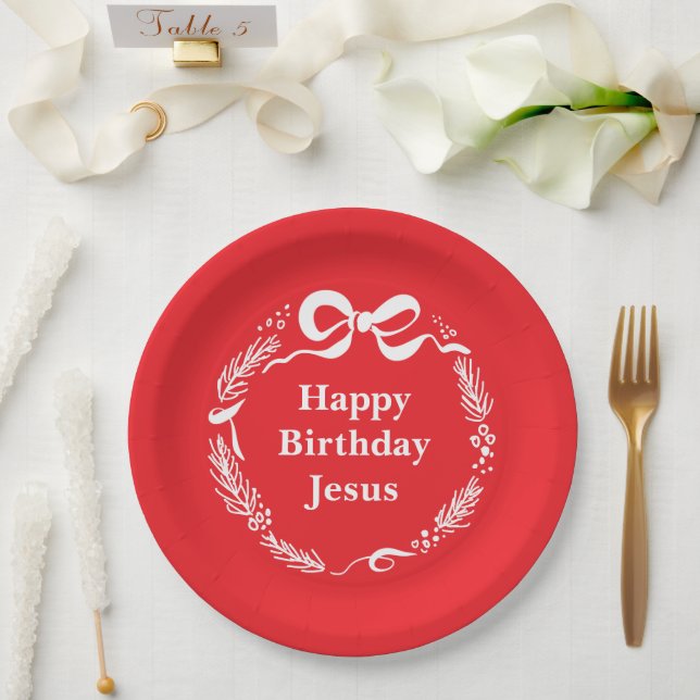 Prato De Papel Happy Birthday Jesus | Hand Drawn Bow Christmas (Casamento)