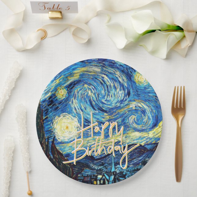 Prato De Papel Happy Birthday, Starry Night fine art, (Casamento)