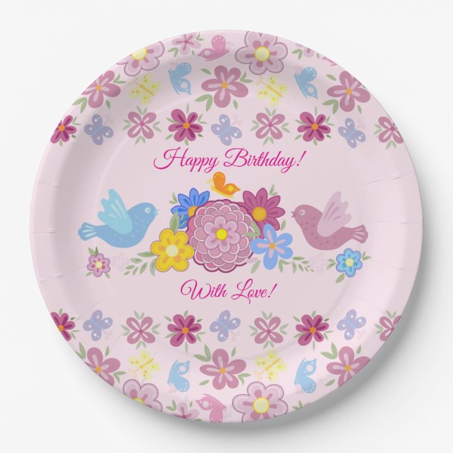 Prato De Papel Happy Birthday Wild Flowers Garden Birds Pattern (Frente)