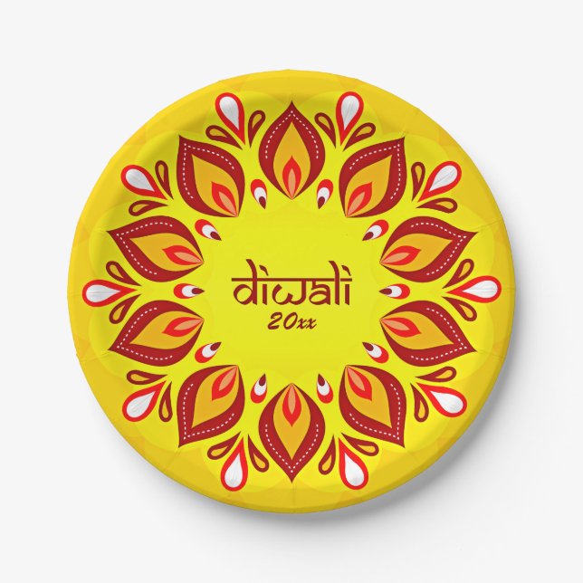 Prato De Papel Happy Diwali adiciona ano amarelo vermelho 7" (Frente)