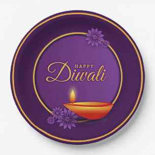 Prato De Papel Happy Diwali Diya Candle Purple Dourado