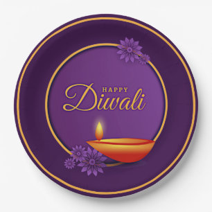 Prato De Papel Happy Diwali Diya Candle Purple Dourado 9"