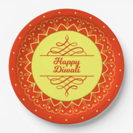 Prato De Papel Happy Diwali Orange Cream Mandala Modern 9"