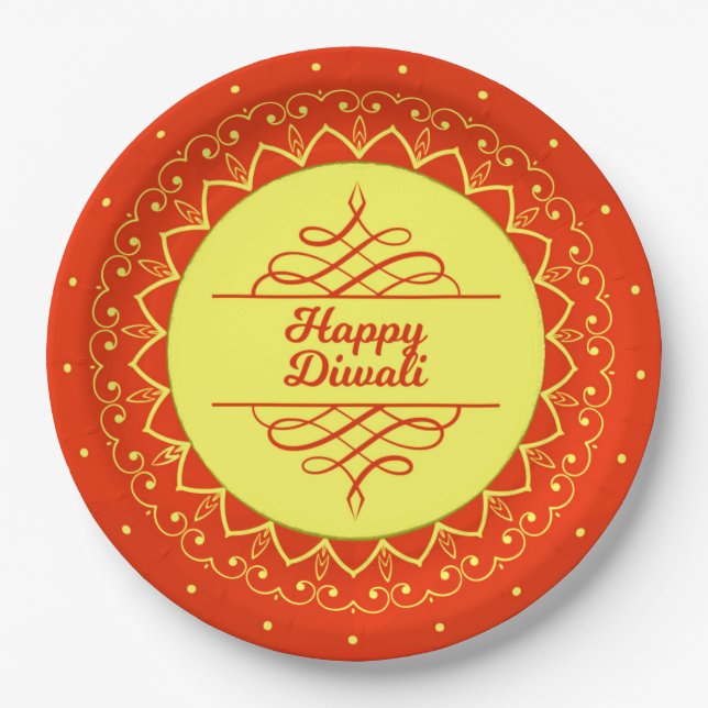 Prato De Papel Happy Diwali Orange Cream Mandala Modern 9" (Frente)