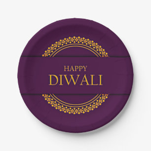 Prato De Papel Happy Diwali Purple Dourada Elegante de 7"