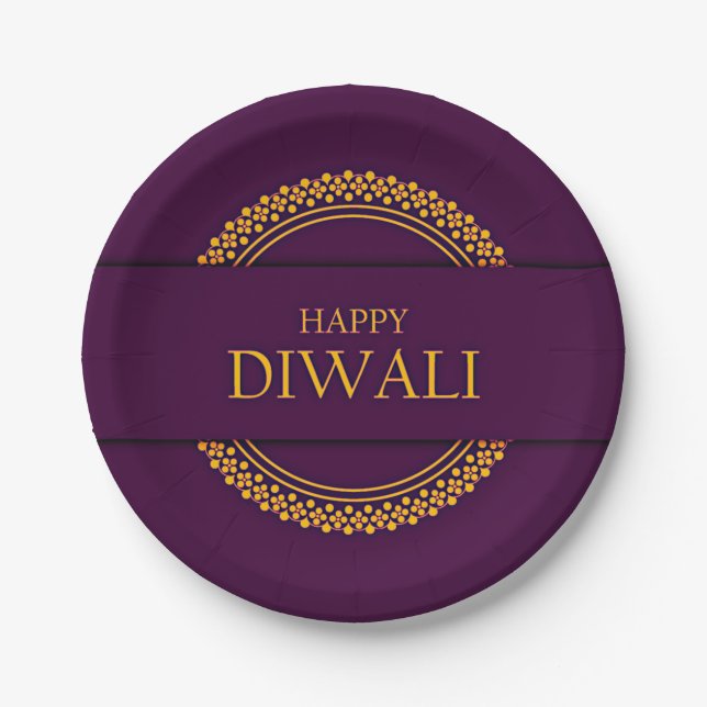 Prato De Papel Happy Diwali Purple Dourada Elegante de 7" (Frente)