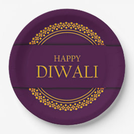 Prato De Papel Happy Diwali Purple Dourado Elegante 9"