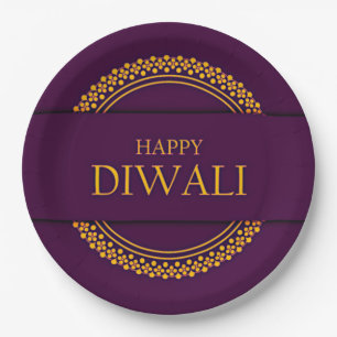 Prato De Papel Happy Diwali Purple Dourado Elegante 9"