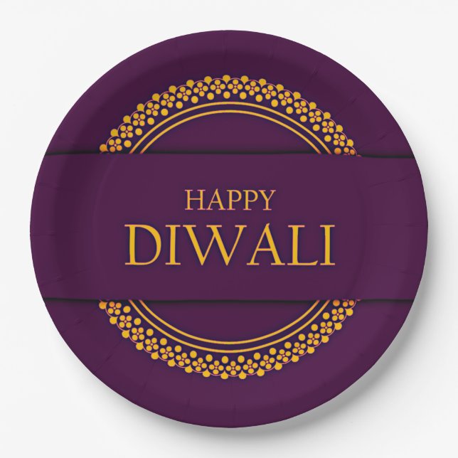 Prato De Papel Happy Diwali Purple Dourado Elegante 9" (Frente)