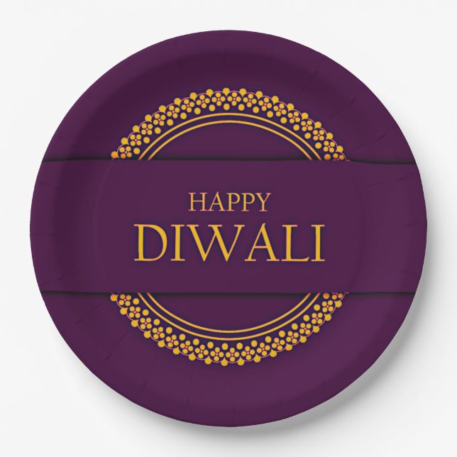 Prato De Papel Happy Diwali Purple Dourado Elegante 9" (Frente)