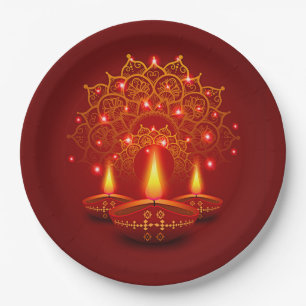 Prato De Papel Happy Diwali Red Dourada Sparkle Mandala Diya Cand