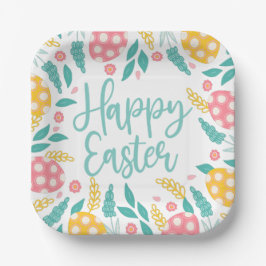 Prato De Papel Happy Easter | Pink Aqua Easter Eggs Floral