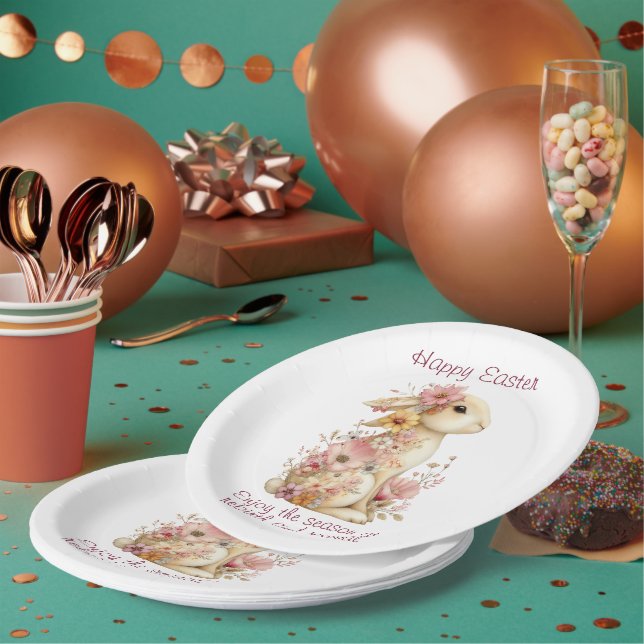 Prato De Papel Happy Easter Spring Pink and Yellow Flowers Bunny (Múltiplo)