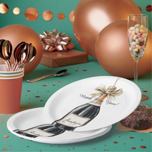 Prato De Papel Happy New Year Gold Black Champagne Bottle (Múltiplo)