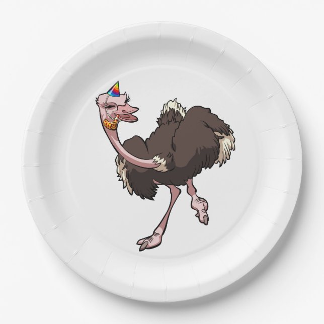 Prato De Papel Happy Ostrich Dancing in Party Hat Cartoon (Frente)