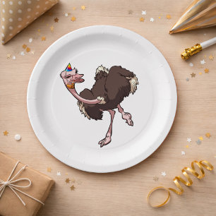 Prato De Papel Happy Ostrich Dancing in Party Hat Cartoon