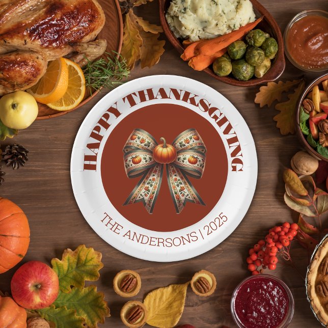 Prato De Papel Happy Thanksgiving white& brown cute elegant  (Criador carregado)