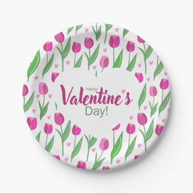 Prato De Papel Happy Valentine's Day Pink Tulips (Frente)