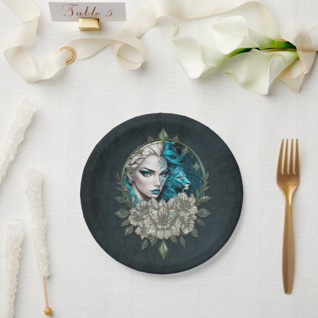 Prato De Papel Harmonia dos elementos, a mulher com leão. (Casamento)