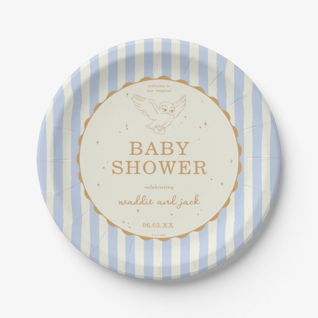 Prato De Papel Harry Potter Hedwig Blue Stripe Baby Shower (Frente)