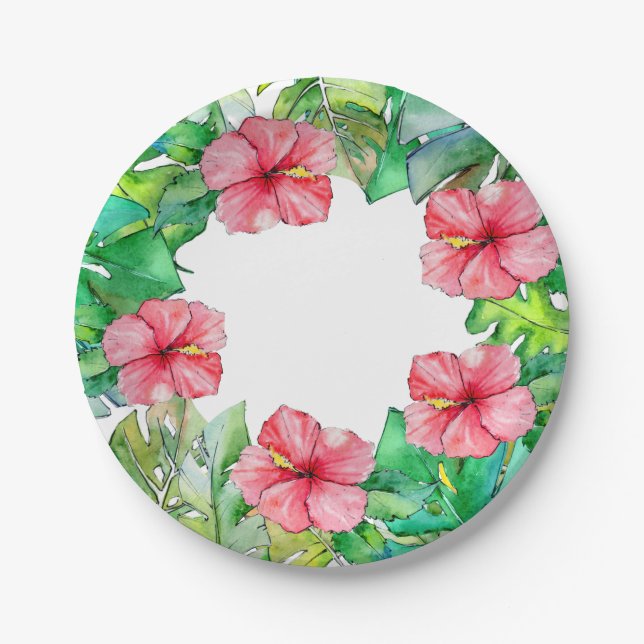 Prato De Papel Havaiano - Folhas Tropicais de Rosa Floral Hibiscu (Frente)