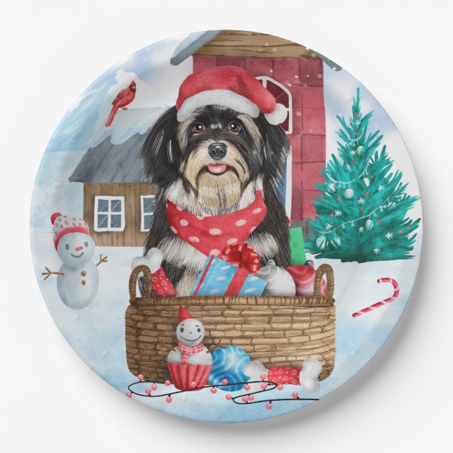 Prato De Papel Havanese Dog In snow Christmas Dog House (Frente)