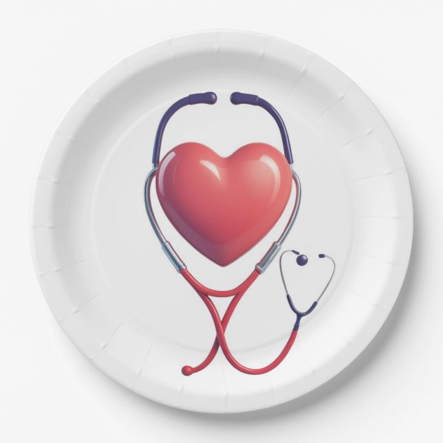 Prato De Papel Heart & Stethoscope Paper Plate | Medical Party Su (Frente)