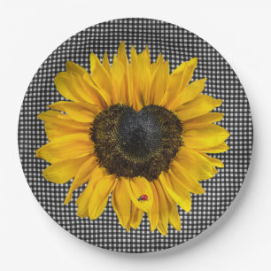 Prato De Papel Heart Sunflower e Ladybug em Gingham