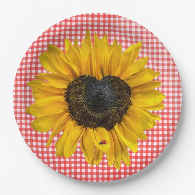 Prato De Papel Heart Sunflower e Ladybug em Gingham (Frente)