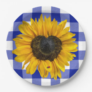 Prato De Papel Heart Sunflower Ladybug na Xadrez de Buffalo