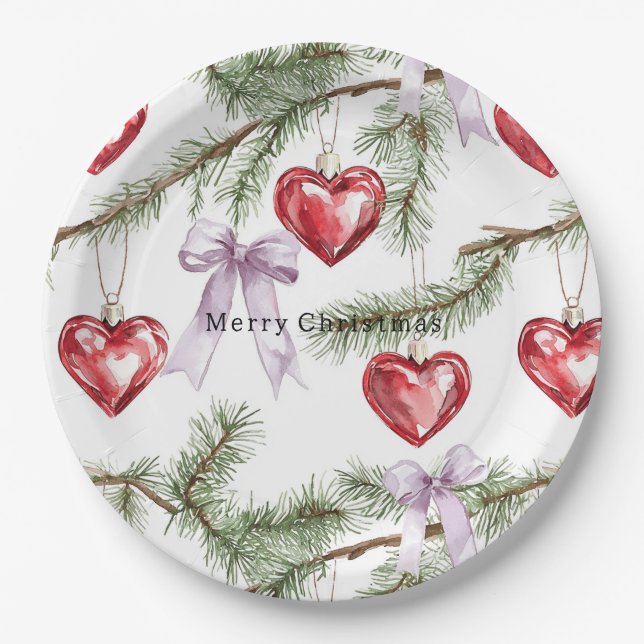 Prato De Papel Hearts Trees Red Purple Bows Christmas (Frente)