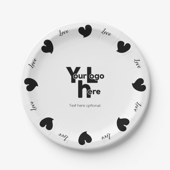 Prato De Papel Hearty Hearts Black - Custom Text and Logo (Frente)