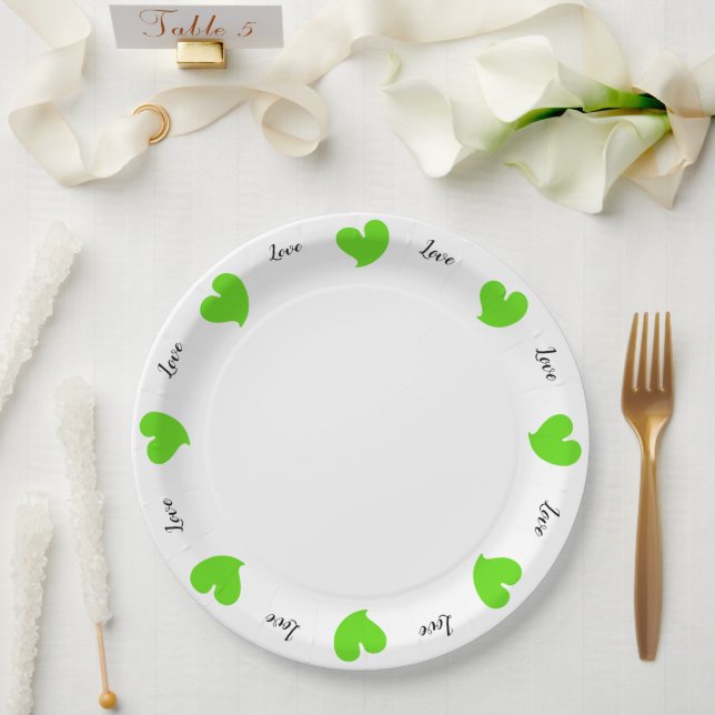 Prato De Papel Hearty Hearts Green - Custom Text Paper Plates (Casamento)