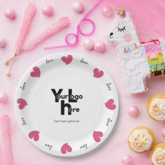 Prato De Papel Hearty Hearts Pink - Custom Text and Logo