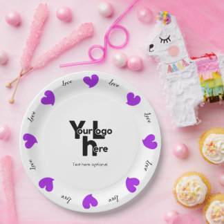 Prato De Papel Hearty Hearts Purple - Custom Text and Logo