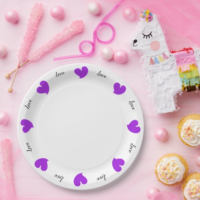 Prato De Papel Hearty Hearts Purple - Custom Text Paper Plates (Festa)