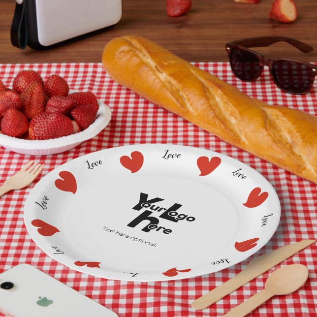 Prato De Papel Hearty Hearts Red - Custom Text and Logo (Piquenique)