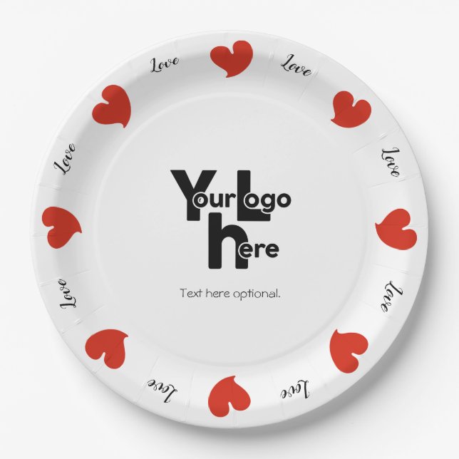 Prato De Papel Hearty Hearts Red - Custom Text and Logo (Frente)
