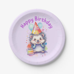 Prato De Papel Hedgehog Birthday Whimsical Watercolor