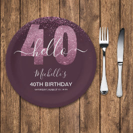 Prato De Papel Hello 40! Modern 40th birthday with Pink glitter