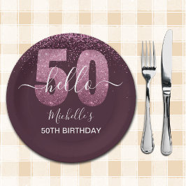 Prato De Papel Hello 50! -50th Women's Birthday with Pink glitter