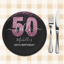 Prato De Papel Hello 50! -50th Women's Birthday with Pink glitter