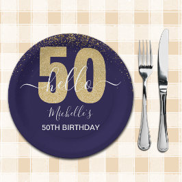 Prato De Papel Hello 50! -Elegant 50th Birthday with Gold glitter