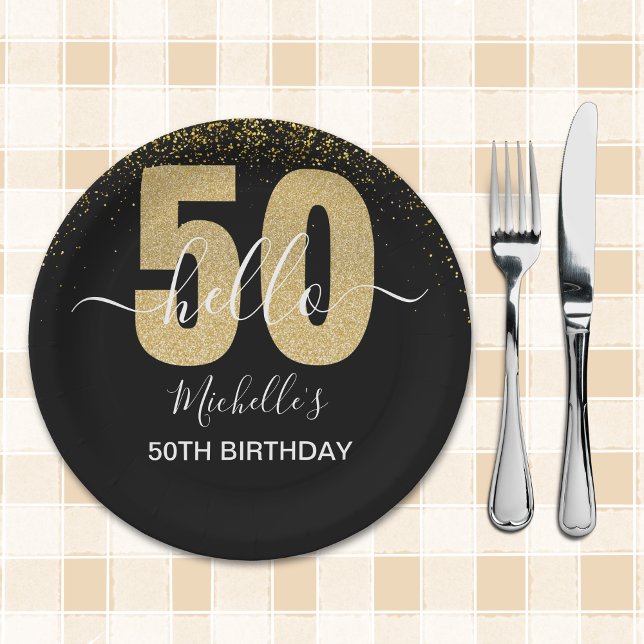 Prato De Papel Hello 50! -Elegant 50th Birthday with Gold glitter (Criador carregado)