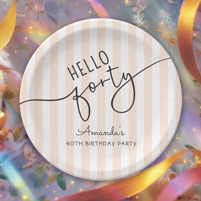 Prato De Papel Hello Forty Modern Script Chic 40th Birthday Party (Criador carregado)