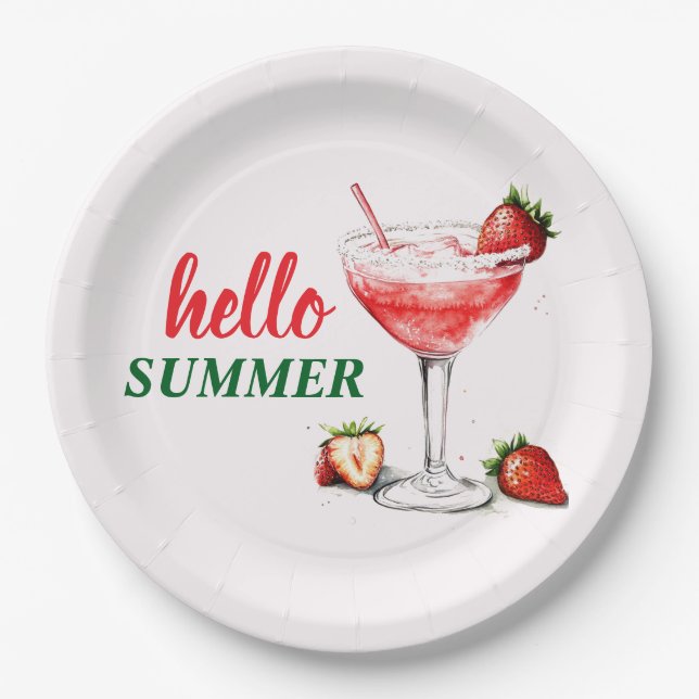 Prato De Papel Hello Summer | Strawberry Cocktail Paper Plate (Frente)
