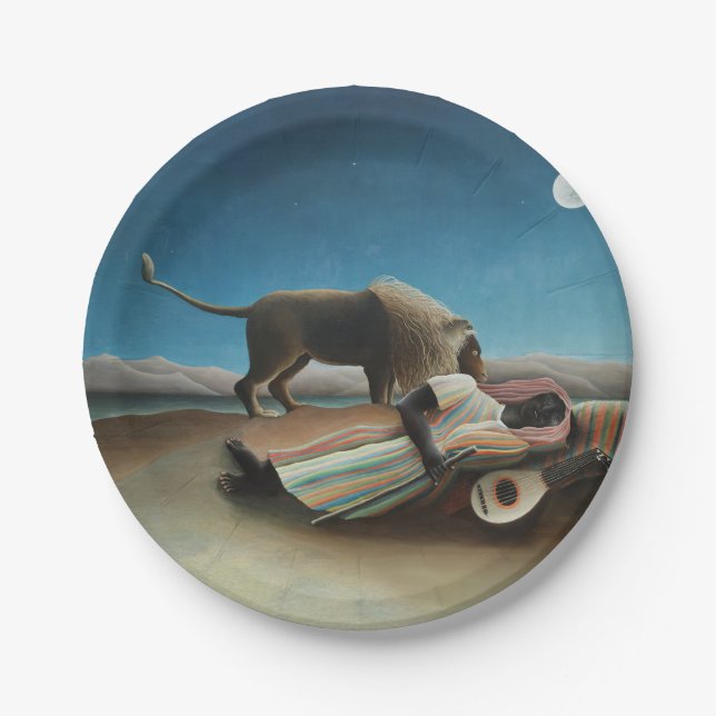 Prato De Papel Henri Rousseau Sleeping Gypsy Lion Painting (Frente)