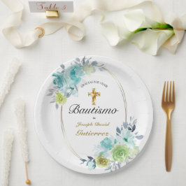 PRATO DE PAPEL HERMOSO BAUTIZO BEBÉ CRUZADO DE ORO FLORAL AZUL