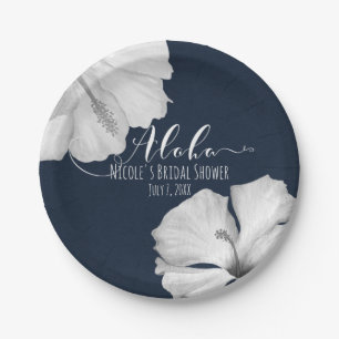 Prato De Papel Hibisco Branco Azul Tropical Casamento Aloha